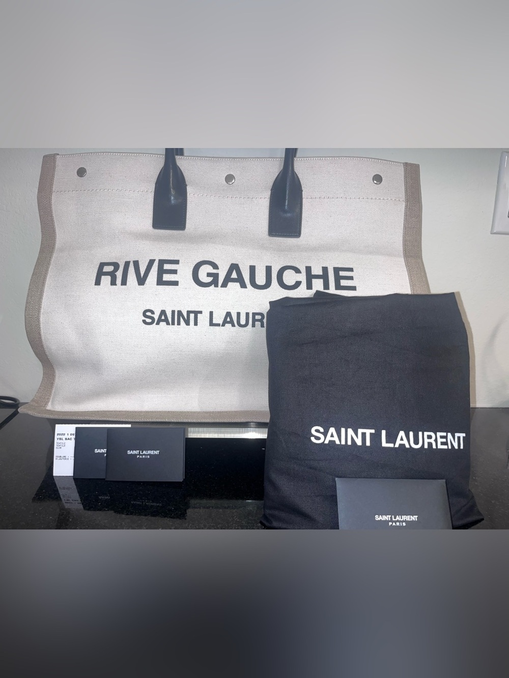 Saint Laurent Rive Gauche Beige Canvas Tote with Black Leather Handles